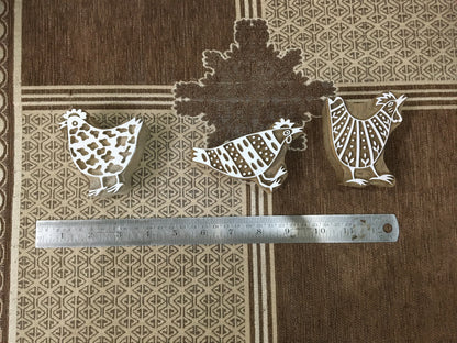 Feathered Flock: A Group of Hen, hand carved Indian wood printing block; textile stamp; pottery stamp,