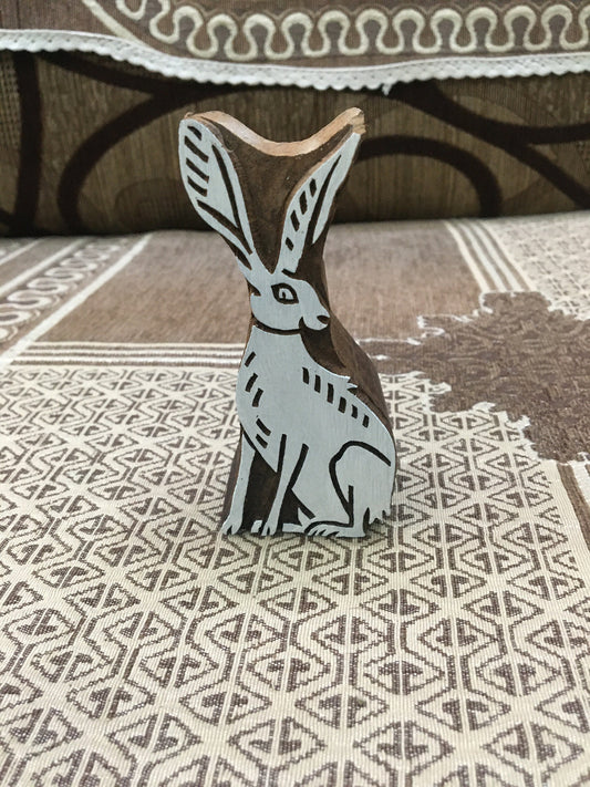 sitting hare, hand carved Indian wood printing block; textile stamp; pottery stamp,