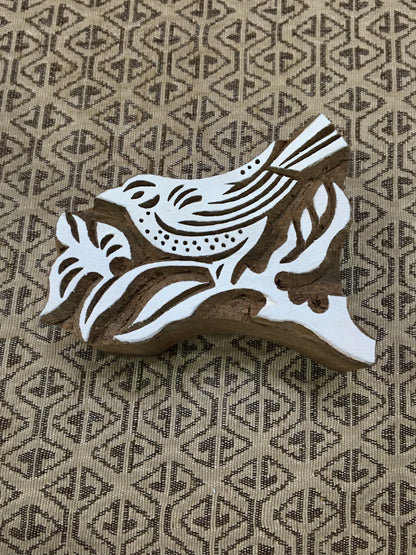 Bird on Branch, hand carved Indian wood printing block; textile stamp; pottery stamp,