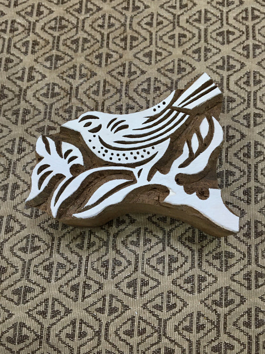 Bird on Branch, hand carved Indian wood printing block; textile stamp; pottery stamp,