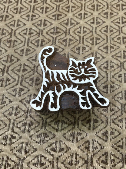 Small Cat, hand carved Indian wood printing block; textile stamp; pottery stamp,