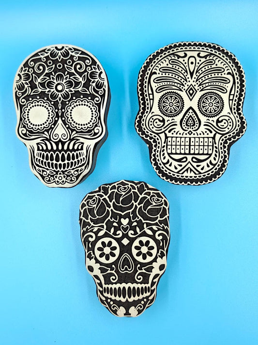 Trio Of Sugar Skull :Indian Wooden Printing Block, Hand carved Indian wood printing block; Textile stamp; pottery stamp,