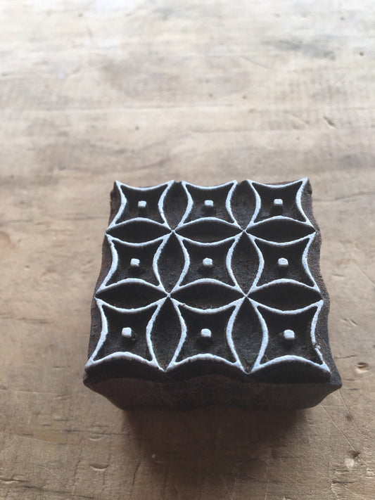 Repeat pattern square stamp, hand carved Indian wood printing block; textile stamp; pottery stamp,