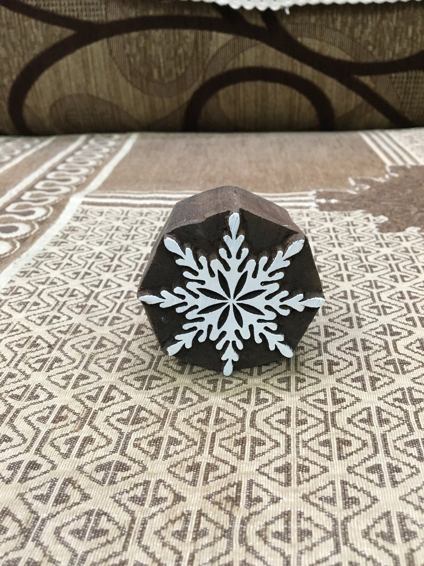 Snowflake, hand carved Indian wood printing block; textile stamp; pottery stamp,