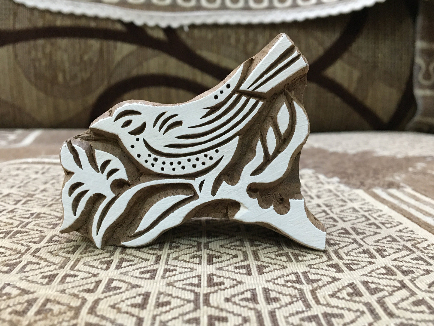 Bird on Branch, hand carved Indian wood printing block; textile stamp; pottery stamp,