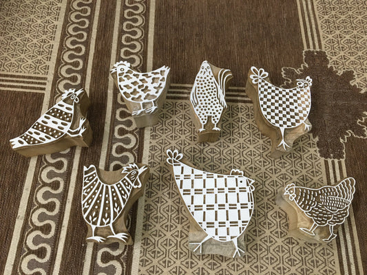 Feathered Flock: A Group of Hen, hand carved Indian wood printing block; textile stamp; pottery stamp,
