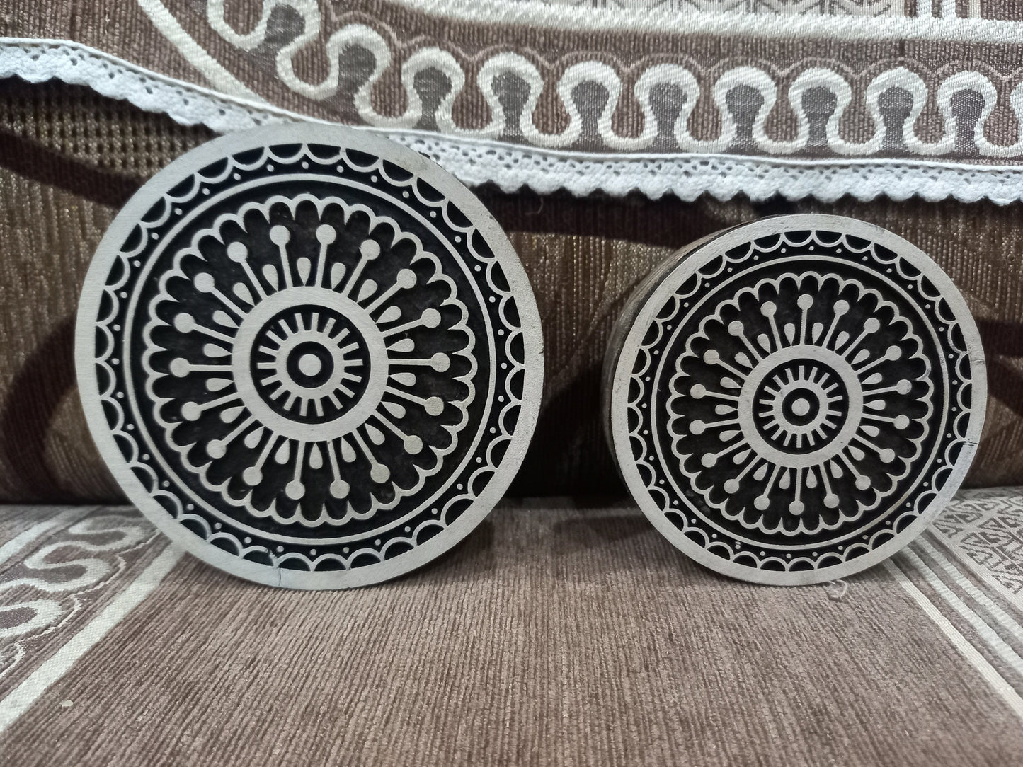 A Mandala  Block ,Round Hand Carved Indian Wooden Stamp , Wood Block for Textile Fabric Stamping Henna Pottery DIY