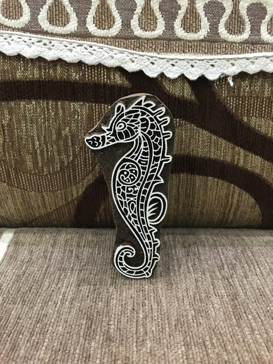Zentangle Seahorse, hand carved Indian wood printing block; textile stamp; pottery stamp,