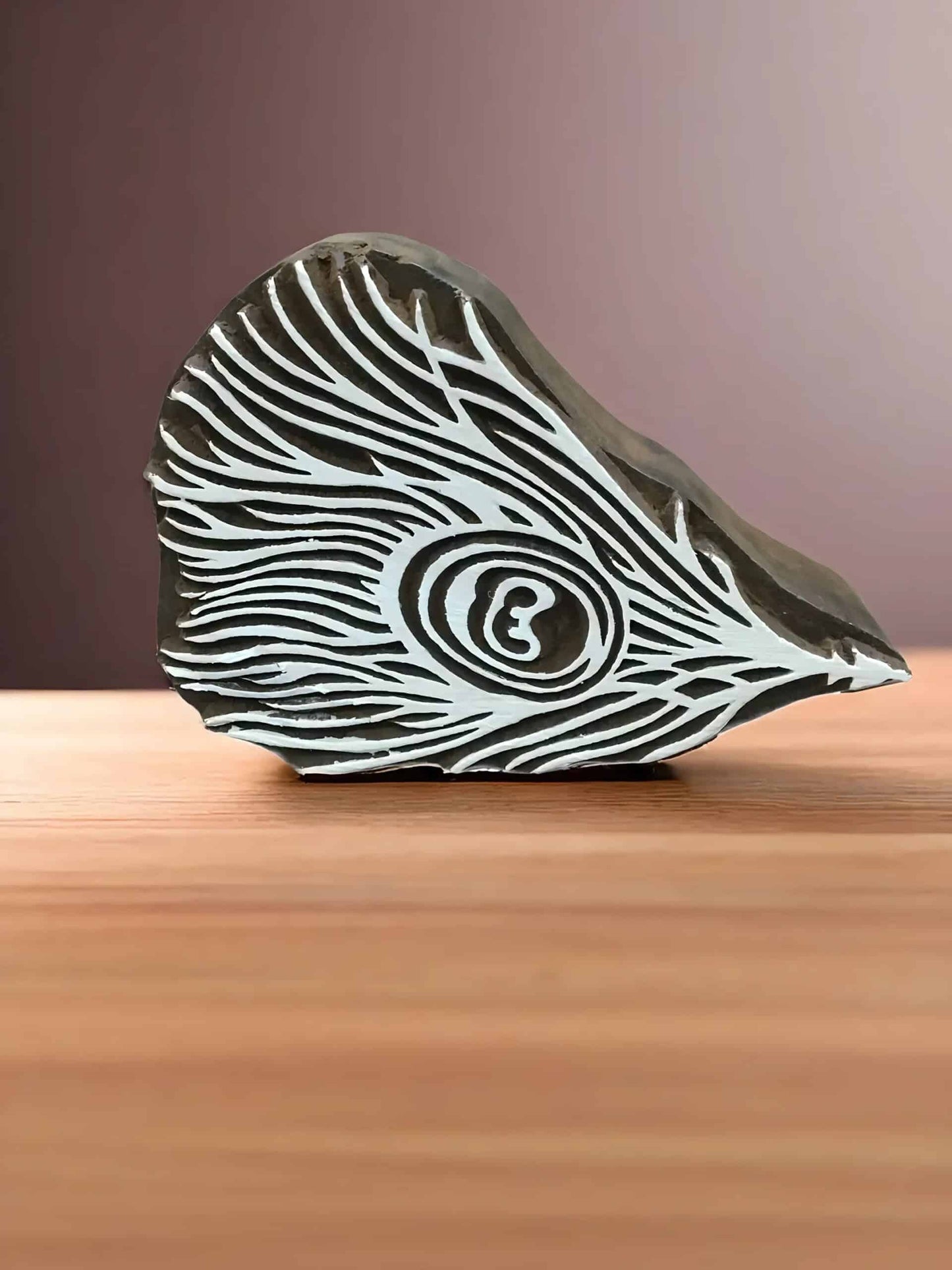 Peacock Feather, hand carved Indian wood printing block; textile stamp. image 0