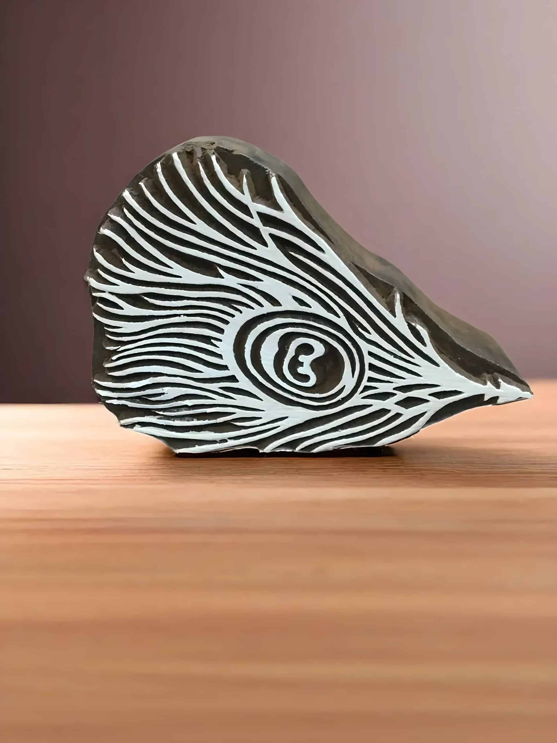 Peacock Feather, hand carved Indian wood printing block; textile stamp. image 0