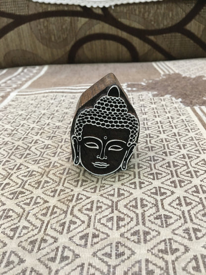 Buddh Head carved wooden printing tjap batik patterns printing stamps, hand carved Indian wood printing block; textile stamp; pottery stamp
