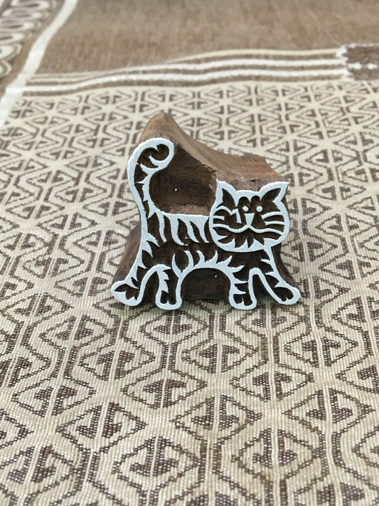 Small Cat, hand carved Indian wood printing block; textile stamp; pottery stamp,