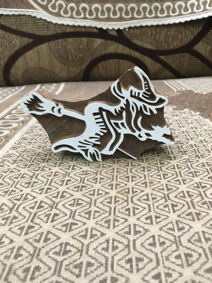 Witch on Broomstick wooden : A Magical Flight into Imagination, hand carved Indian wood printing block; textile stamp; pottery stamp,