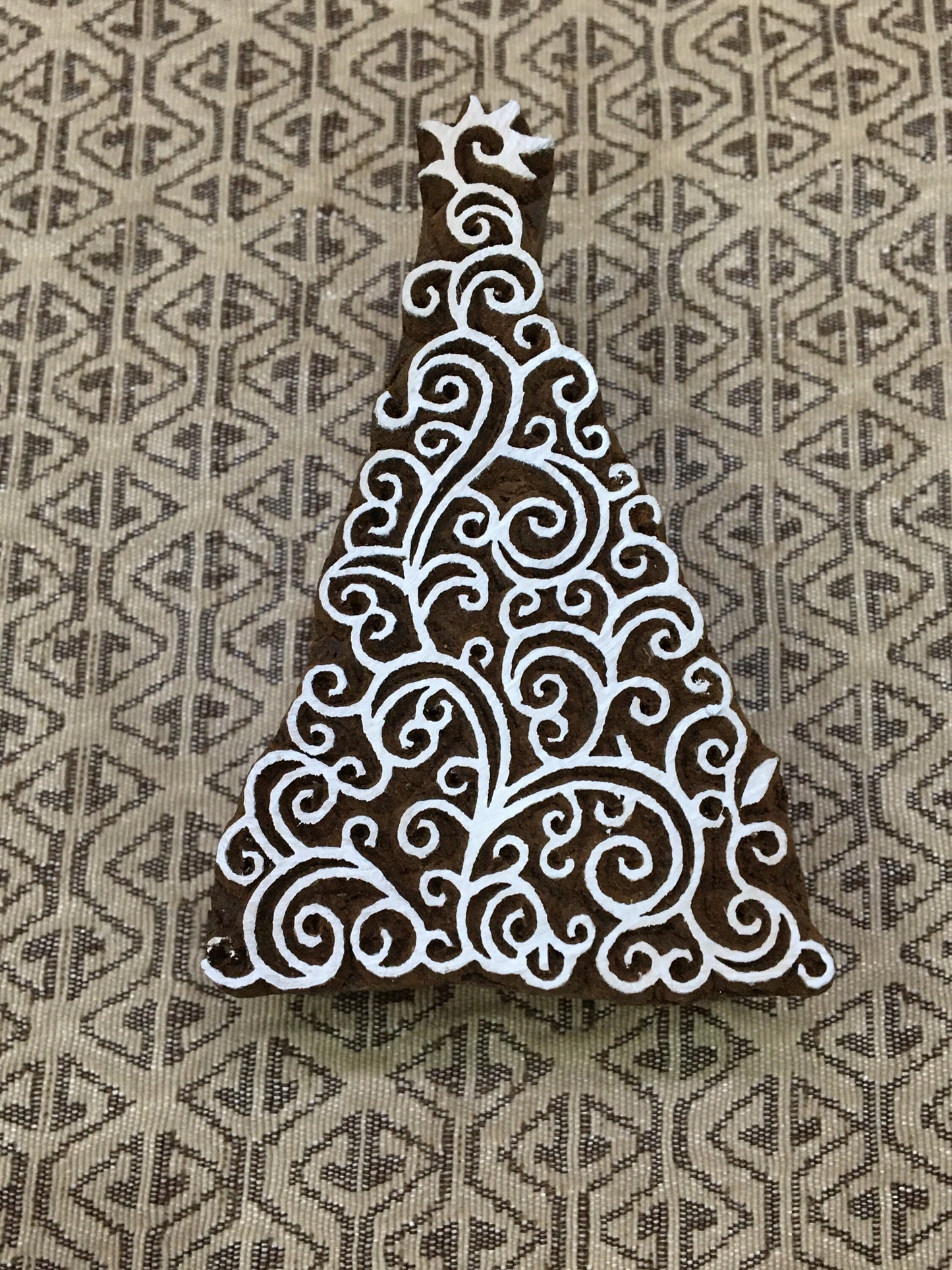 Christmas tree, hand carved Indian wood printing block; textile stamp; pottery stamp,