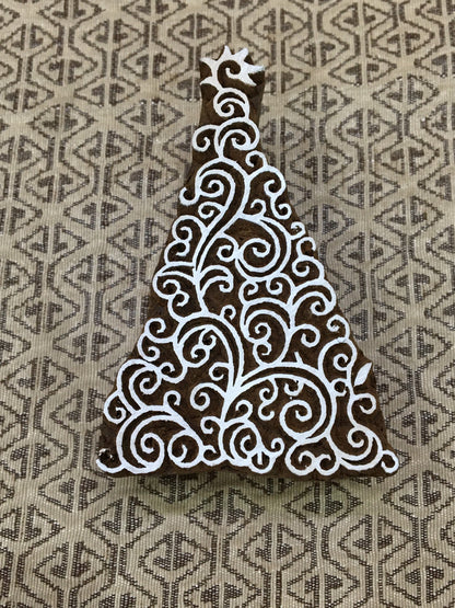 Christmas tree, hand carved Indian wood printing block; textile stamp; pottery stamp,